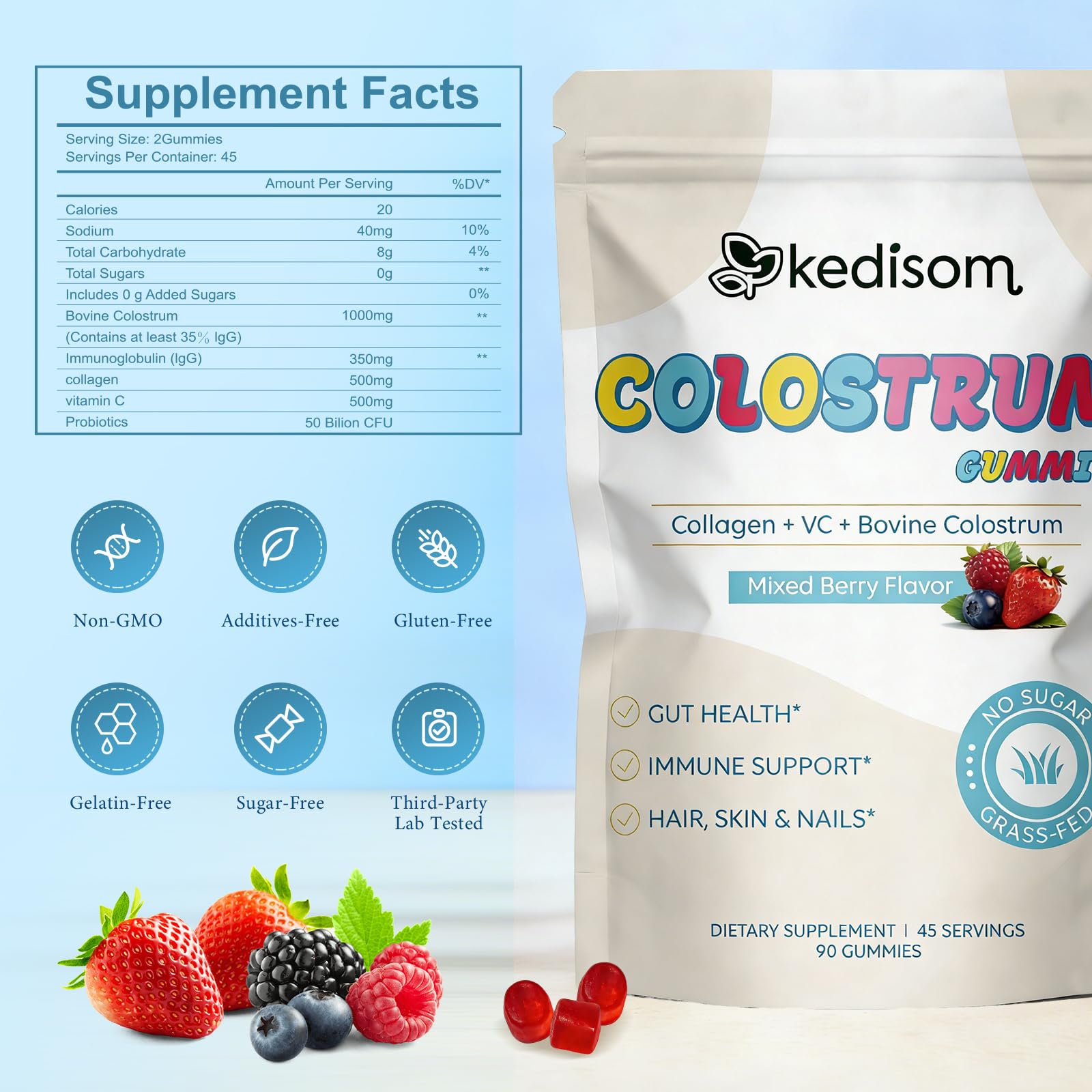 KEDISOM Colostrum Gummies, Grass Fed Colostrum Supplement, 90 Bovine Colostrum Gummies, 45 Servings, Mixed Berry, Sugar-Free KEDISOM buy australia supplements