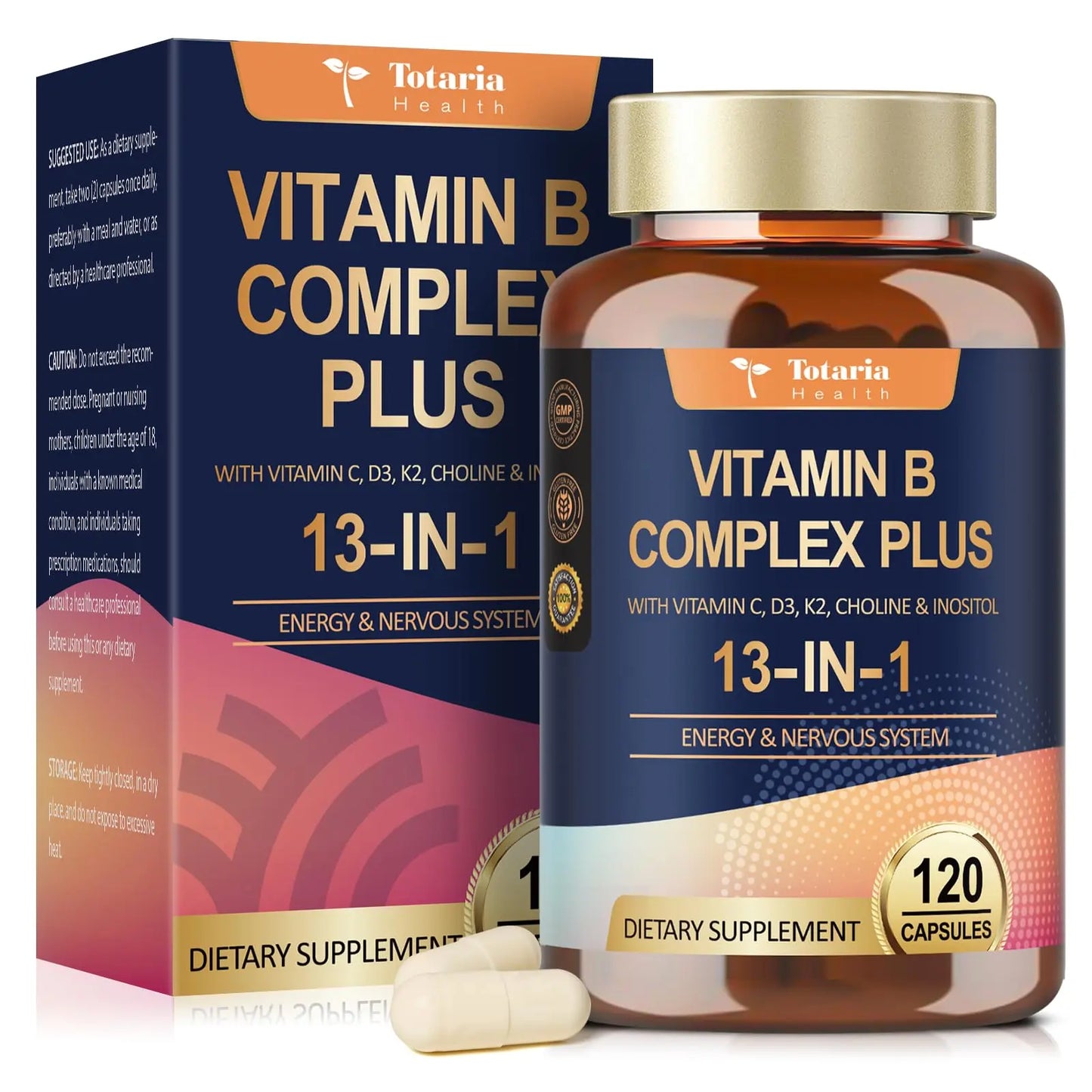 13-in-1 Vitamin B Complex Plus with Vitamin B1, B2, B3 (Niacinamide), B4, B5, B6, B7 (Biotin), B8 (Inositol), B9 (Folate), B12, C, D3, K2 - Energy, Nerve, Totaria