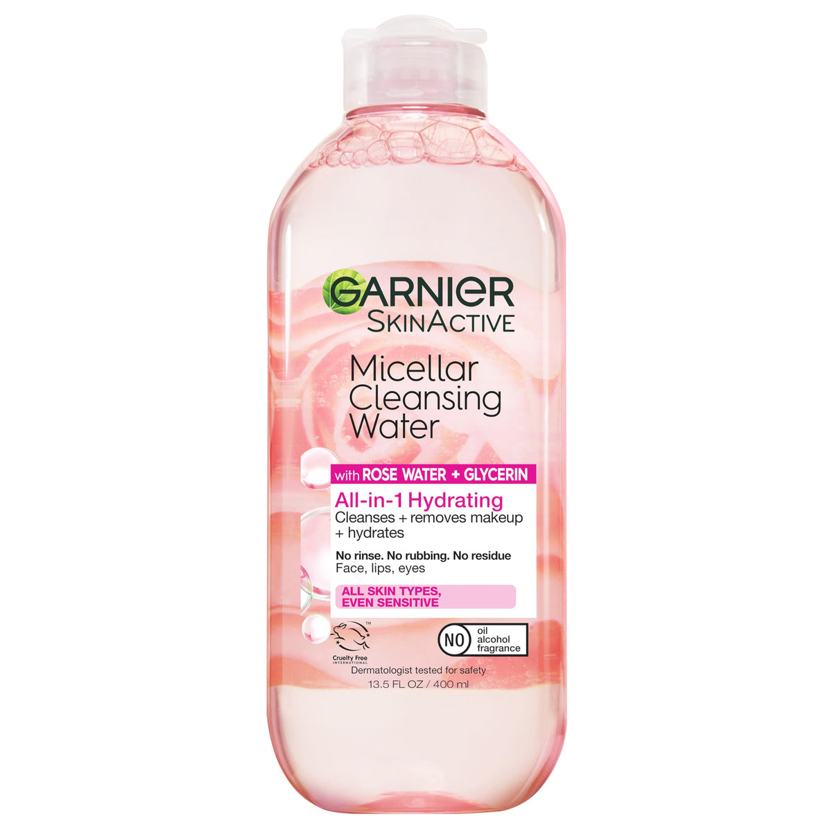 Garnier Micellar Water with Rose Water and Glycerin, Hydrating Facial Cleanser & Makeup Remover, For All Skin Types, Vegan, Cruelty Free, 13.5 Fl Oz (400mL), 1 Count Garnier