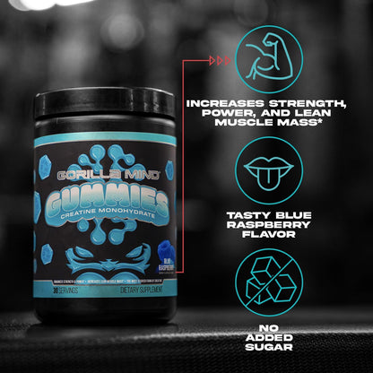 Gorilla Mind Creatine Gummies - Third-Party HPLC Tested | 5g Creapure® Creatine Monohydrate | Verified Potency & Purity | Strength · Power · Lean Muscle | No Added Sugar | Blue Raspberry Flavor