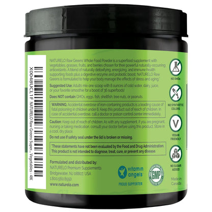 NATURELO Raw Greens Superfood Powder - Unsweetened - Boost Energy, Detox, Enhance Health - Organic Spirulina - Wheat Grass - Whole Food Nutrition from Fruits NATURELO