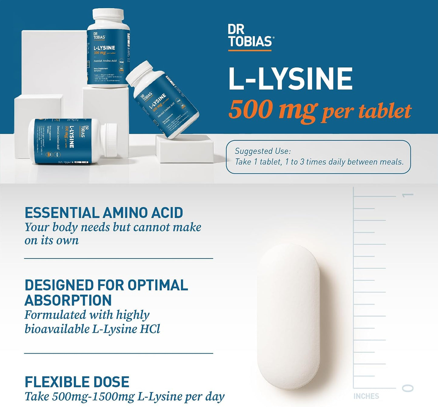 Dr. Tobias L-Lysine 500 mg Tablets | Essential Amino Acid for Daily Wellness | Supports Collagen Synthesis* | Vegan, Non-GMO, Gelatin-Free Lysine Supplement | 100 Tablets