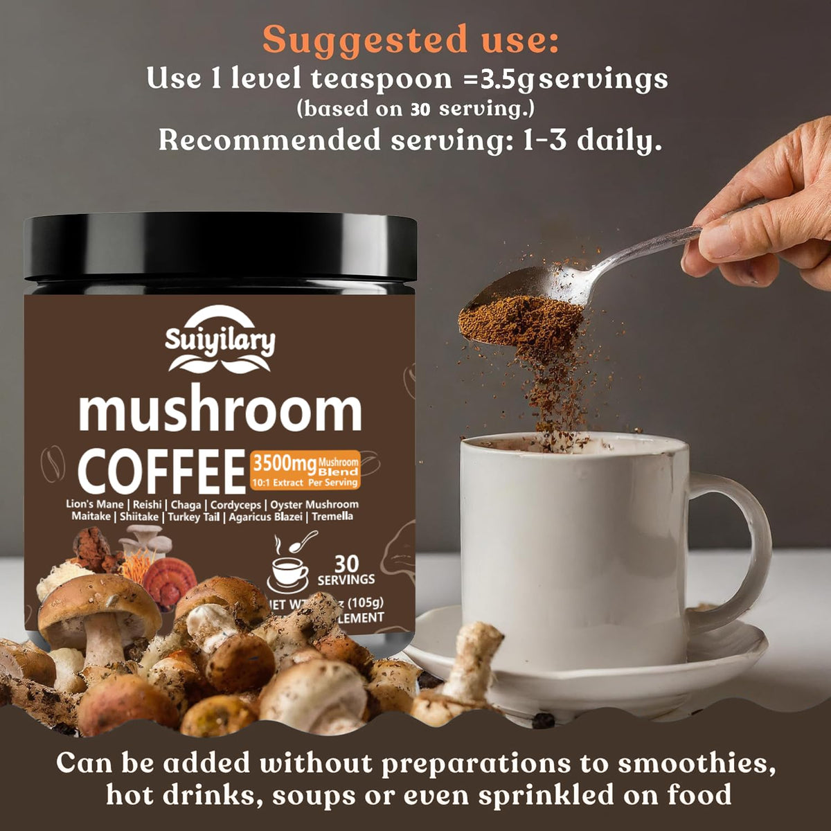 Suiyilary 10 Mushroom Coffee with Arabica w, Lion's Mane, Reishi, Mushroom Polysaccharides & More, Instant Mushrooms Powder for Focus, Immunity Boost, Suiyilary