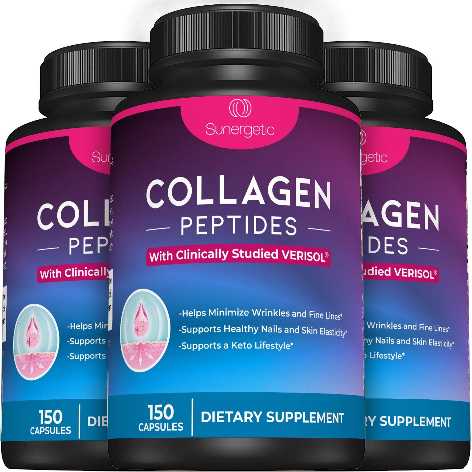 Sunergetic Premium Collagen Peptides Capsules – 2500 mg of VERISOL Collagen Peptides Type 1 & Type 3 – Multi Collagen Supplement to Support Joint Health, Hair, Skin & Nails – 150 Collagen Capsules Sunergetic buy australia supplements