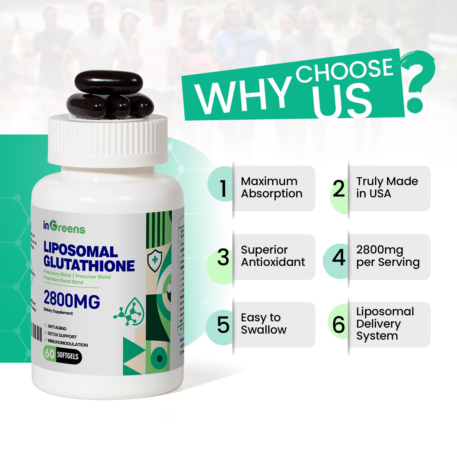 inGreens 2800 MG Liposomal Glutathione Supplement, Detoxifying & Immune, Aging Defense, Energy, Glutathione Unique Formulation Reduced inGreens buy australia supplements