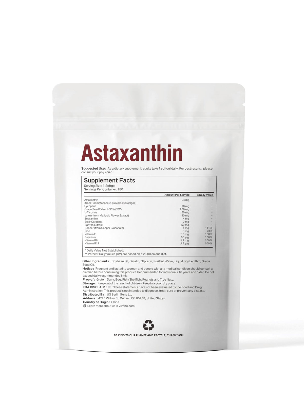 VivoNu 14-in-1 Astaxanthin 24mg & Lutein 40mg with Zeaxanthin Supplements, 6 Month Supply, Fresh Microalgae Source, Gluten Free Non-GMO, Supports Eye VivoNu