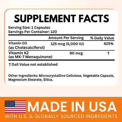 VITBOOST Vitamin D3 K2 Complex - Easy to Swallow - Vitamin D (D3) 5000 IU (125 mcg) & K2(MK-7) 90 mcg | Non-GMO | Gluten-Free VITBOOST