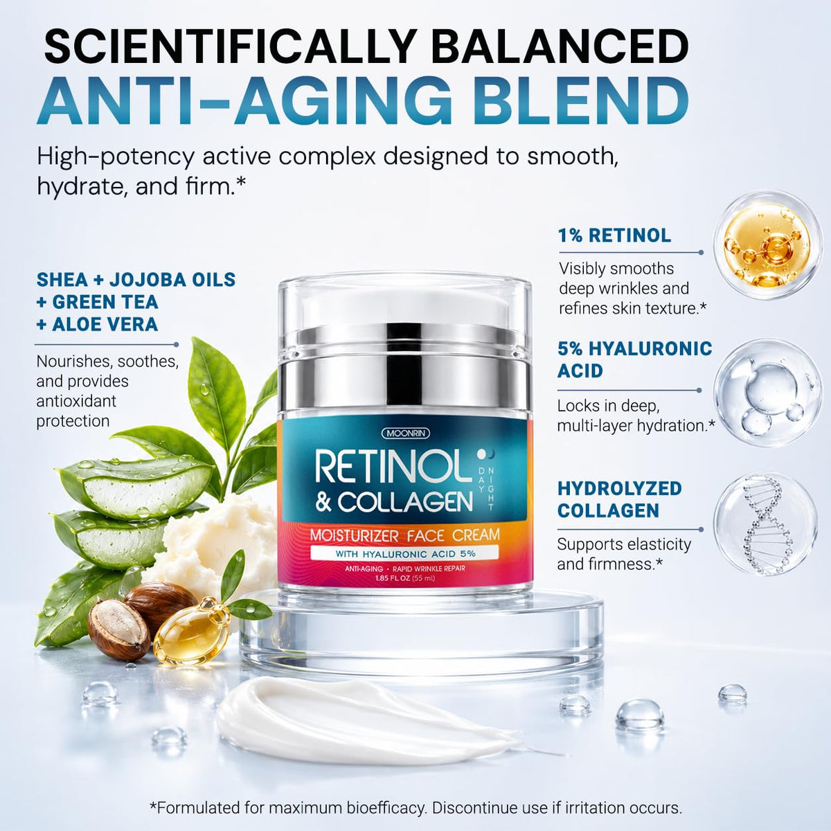 Retinol Cream for Face with Hyaluronic Acid, Day-Night Anti-Aging Moisturizer for Women, Men, Collagen Cream for Face Reduces Wrinkles, Dryness, 1.85 Oz MOONRIN COSMETICS