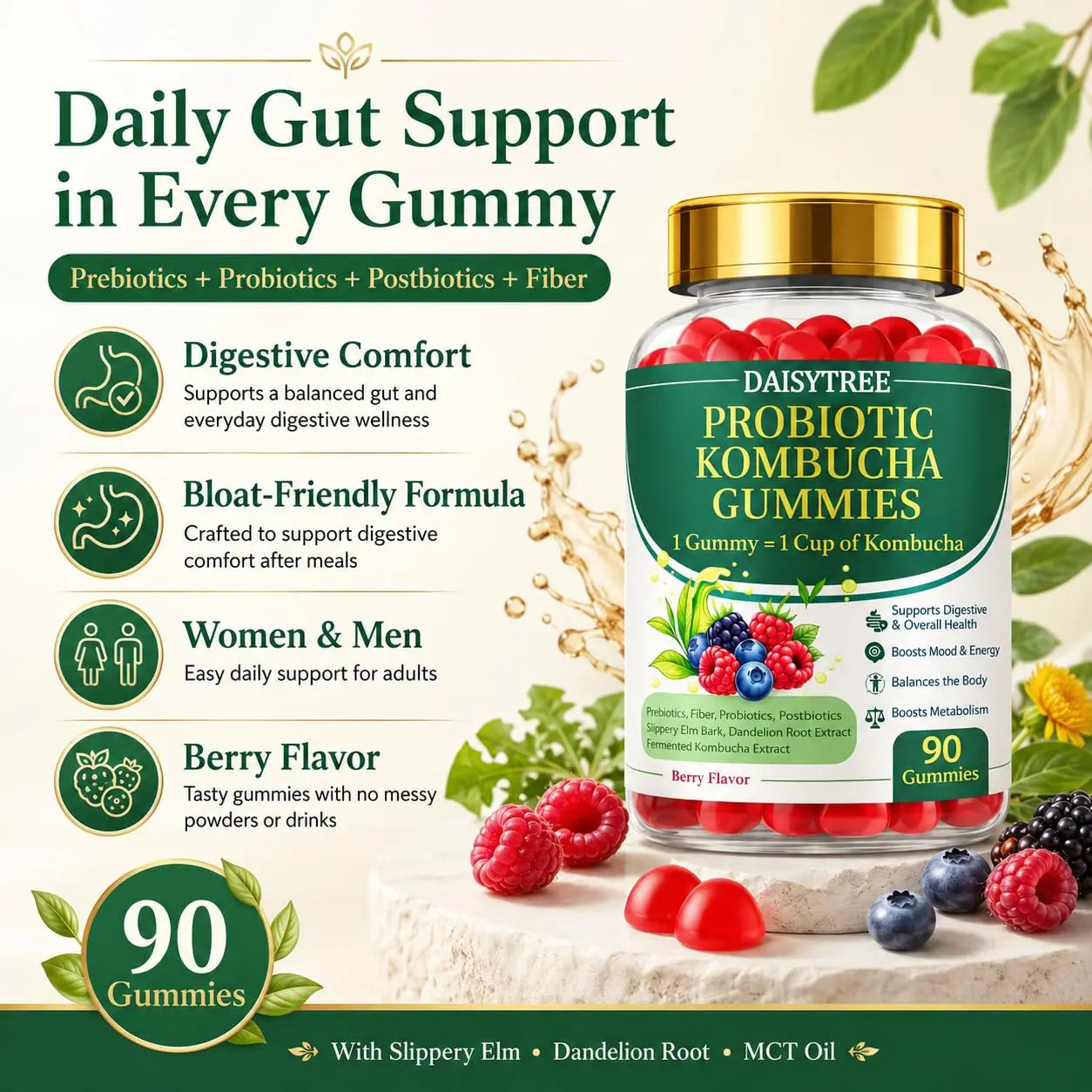 PRIMEHAVEN Probiotic Kombucha Gummies - Prebiotics, Probiotics, Postbiotics, Fiber Supplement, Slippery Elm, Dandelion Root, for Bloating, Gut Health PRIMEHAVEN