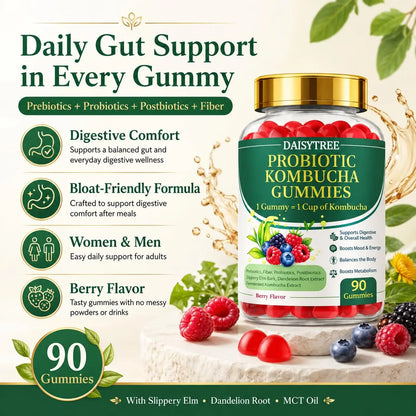 PRIMEHAVEN Probiotic Kombucha Gummies - Prebiotics, Probiotics, Postbiotics, Fiber Supplement, Slippery Elm, Dandelion Root, for Bloating, Gut Health PRIMEHAVEN