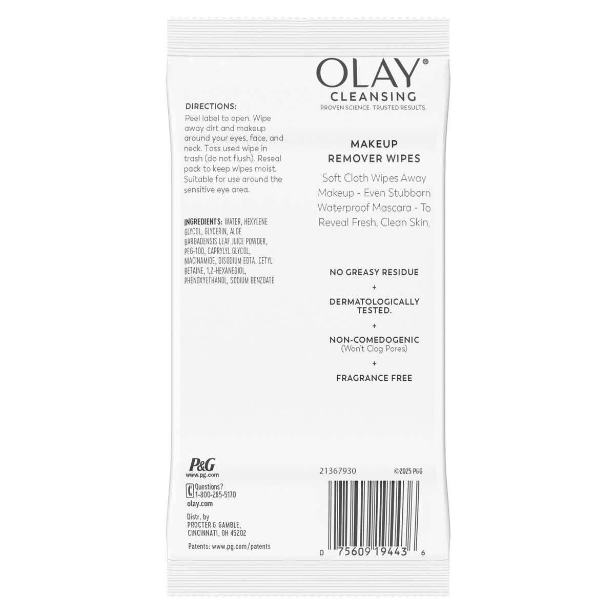 Olay Cleanse Makeup Remover Wipes, Fragrance Free, 25 count Olay