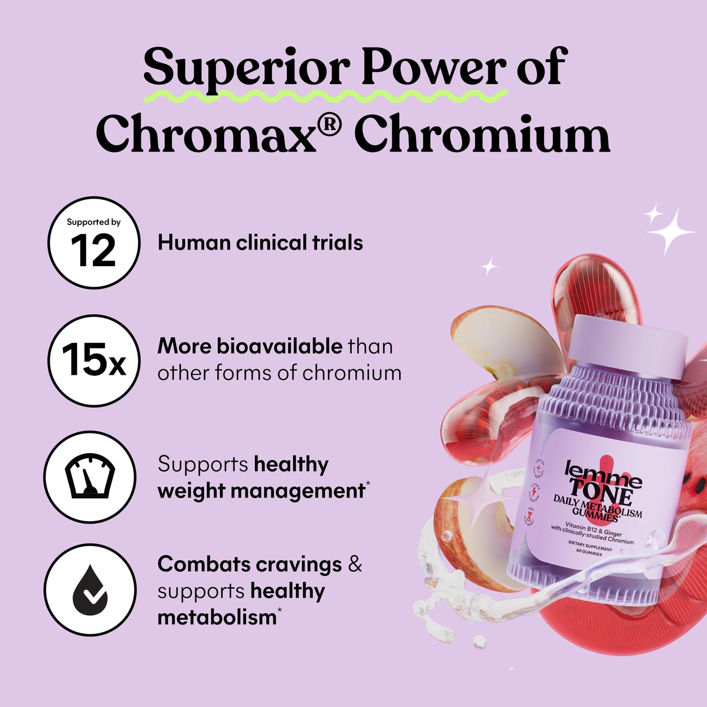 Lemme Tone Metabolism Gummies, Apple Cider Vinegar, Clinically Studied Chromium, B12, Ginger Root Extract, Promote Lean Body Mass Lemme