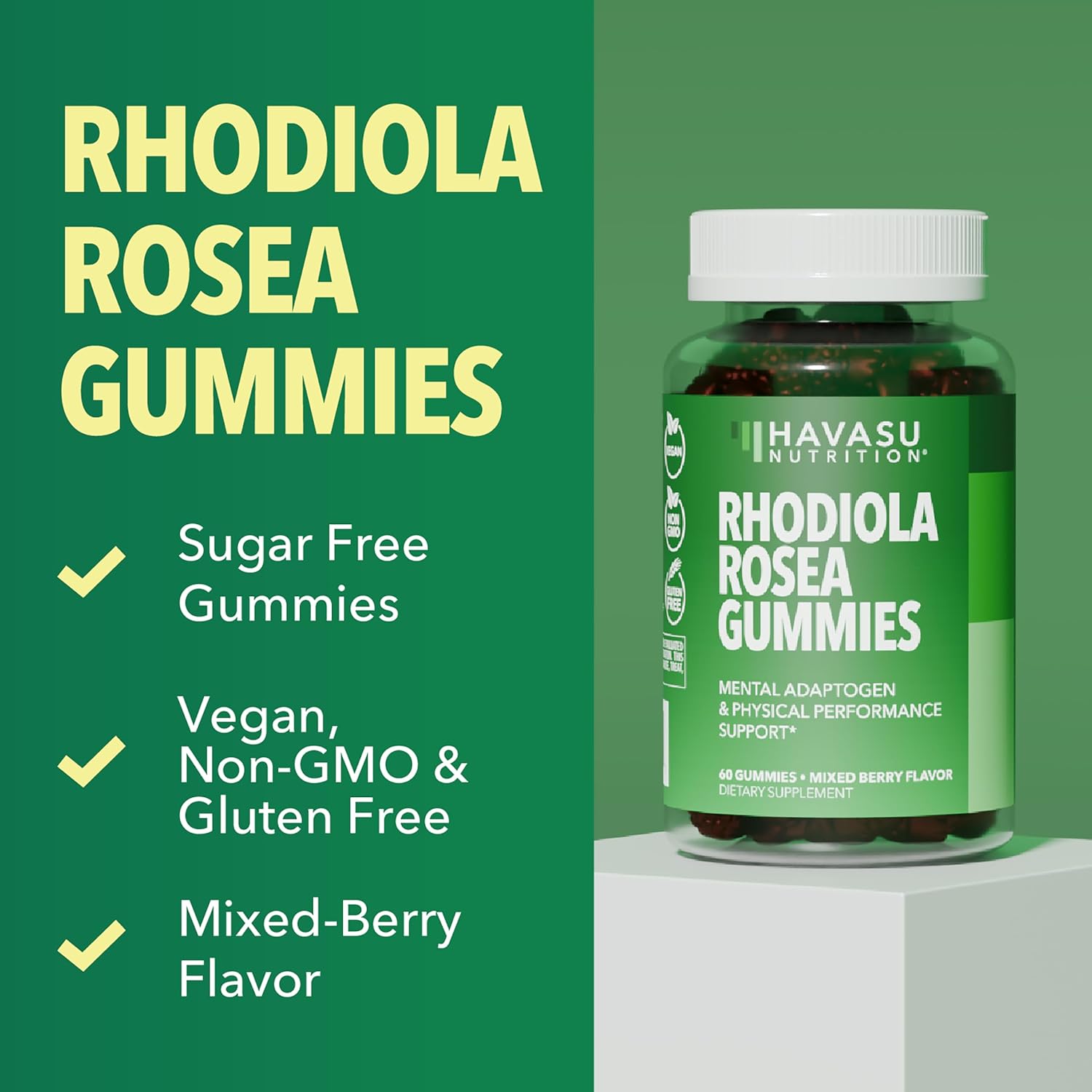 Rhodiola Rosea Gummies, Sugar Free Rhodiola Supplement, 30 Servings | Herbal Adaptogen for Mental Clarity and Performance, 60 Count, Vegan and Gluten-Free, Mixed Berry Flavor, 1-Month Supply Gsupps Australia