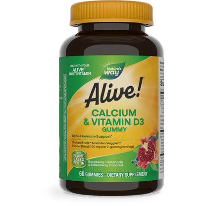 Nature’s Way Alive! Chewable Calcium Gummies with Vitamin D3, Daily Supplement Supports Healthy Bones and Teeth, and Muscle Function*, Strawberry and Raspberry Nature's Way