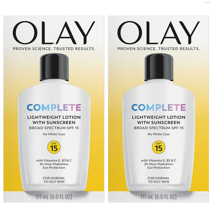 Olay Face Moisturizer, Complete with Sunscreen SPF 15, Daily Facial Lotion for Normal Skin, Lightweight Hydrating Broad Spectrum Sun Protection - Vitamin C, E, and Niacinamide - 6 Oz 2 Pack Olay