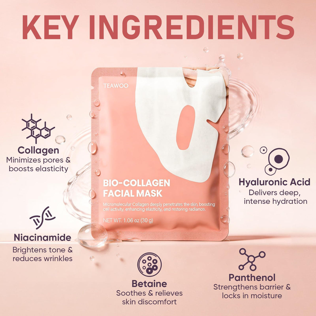 Bio-Collagen Facial Mask 8 EA, Hydrating & Soothing Hydrogel Face Mask TEAWOO