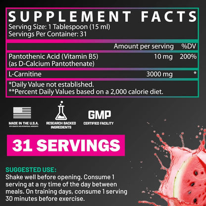 Nutrex Research L Carnitine 3000 - Clinically Dosed L-Carnitine Liquid for Energy, Metabolism & Muscle Recovery - Delicious Strawberry Watermelon - No Sugar, No Carbs Nutrex Research