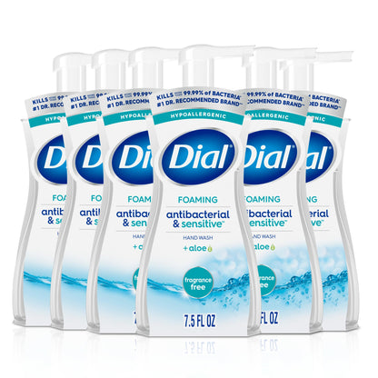 Dial Antibacterial Defense Foaming Hand Soap + Aloe, Fragrance Free, 7.5 Fl Oz (Pack of 6), Dermatologist-Tested Hand Wash, Gentle on Skin Dial