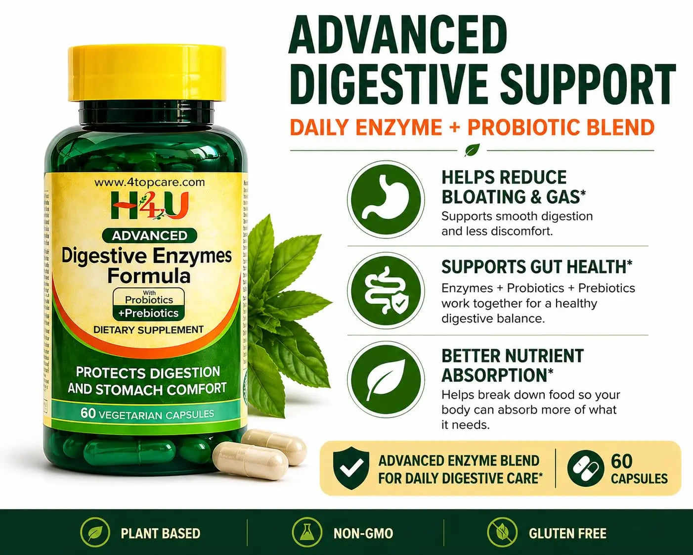 H4U Advanced Digestive Enzymes with Probiotics & Prebiotics – Multi Enzyme Supplement for Gut Health, Digestion Support, Bloating Relief & Stomach Comfort, H4U