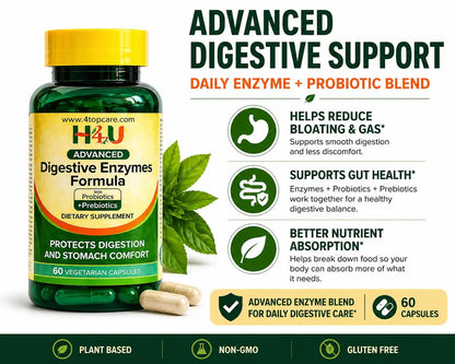 H4U Advanced Digestive Enzymes with Probiotics & Prebiotics – Multi Enzyme Supplement for Gut Health, Digestion Support, Bloating Relief & Stomach Comfort, H4U