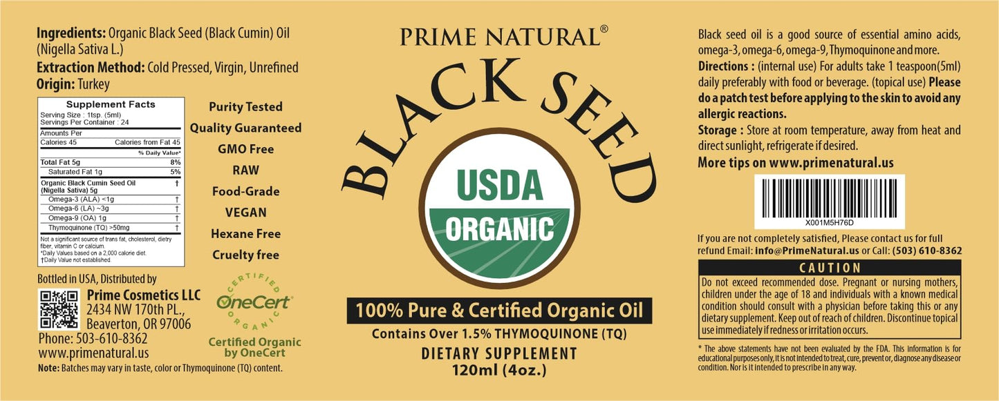 Prime Natural Organic Black Seed Oil 4oz - Cold Pressed Unrefined High Thymoquinone 1.7% USDA Certified - Turkish Origin Potent Nigella Sativa Liquid PRIME NATURAL