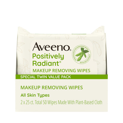 Aveeno Positively Radiant Makeup Remover Wipes, Oil Free, Alcohol Free, Non-Comedogenic Facial Cleansing Wipes, Gentle Face Wipes for Sensitive Skin Aveeno