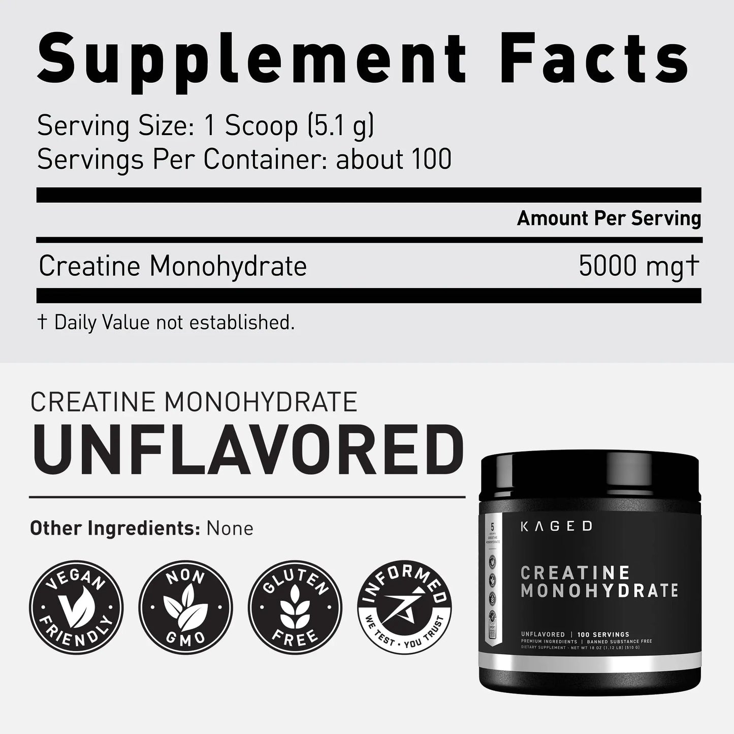 Kaged Creatine Monohydrate Micronized Powder | Unflavored | Muscle Building & Recovery | 5000 mg Per Serving | Vegan, Gluten Free, Easily Digestible Kaged
