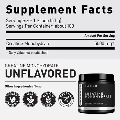 Kaged Creatine Monohydrate Micronized Powder | Unflavored | Muscle Building & Recovery | 5000 mg Per Serving | Vegan, Gluten Free, Easily Digestible Kaged