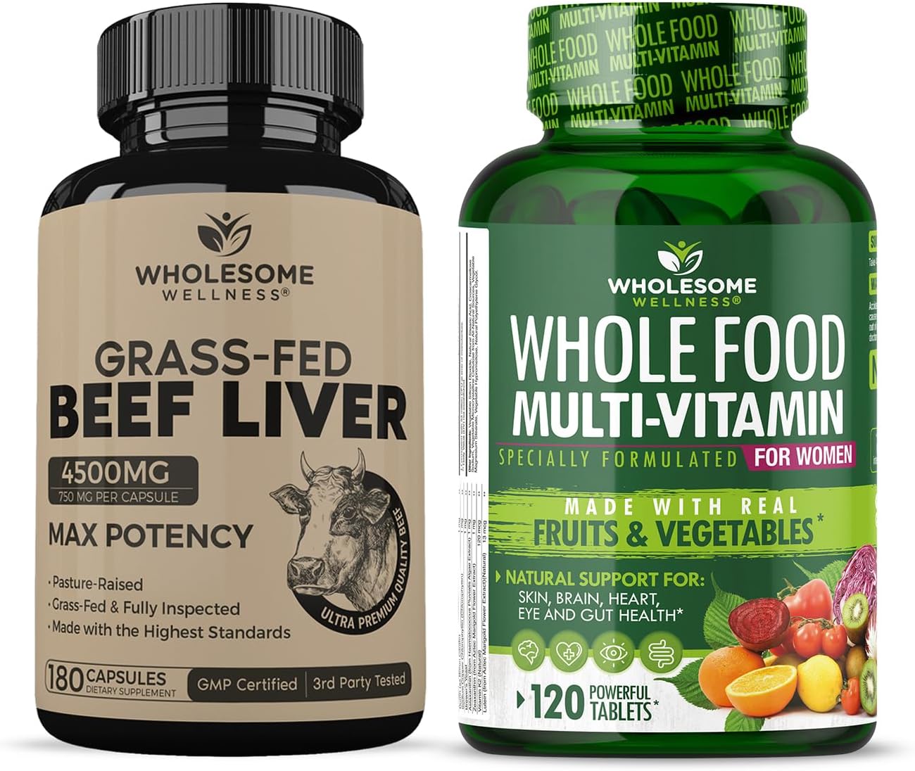 Grass Fed Desiccated Beef Liver Capsules (180 Pills, 750mg Each) + Whole Food Multivitamin for Women - Natural Multi Vitamins, Minerals, Organic Extracts Bundle Gsupps Australia