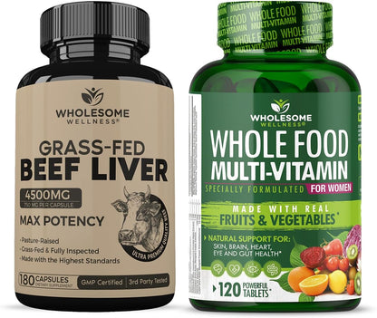 Grass Fed Desiccated Beef Liver Capsules (180 Pills, 750mg Each) + Whole Food Multivitamin for Women - Natural Multi Vitamins, Minerals, Organic Extracts Bundle Gsupps Australia