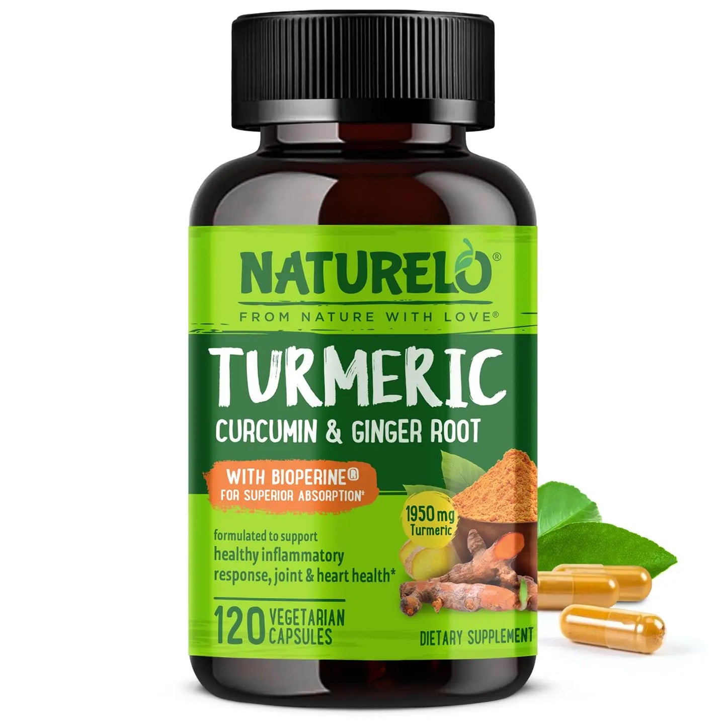 NATURELO Turmeric Curcumin - BioPerine for Better Absorption - Black Pepper, Ginger Root, Curcuminoids - Plant-Based Joint Discomfort Support NATURELO