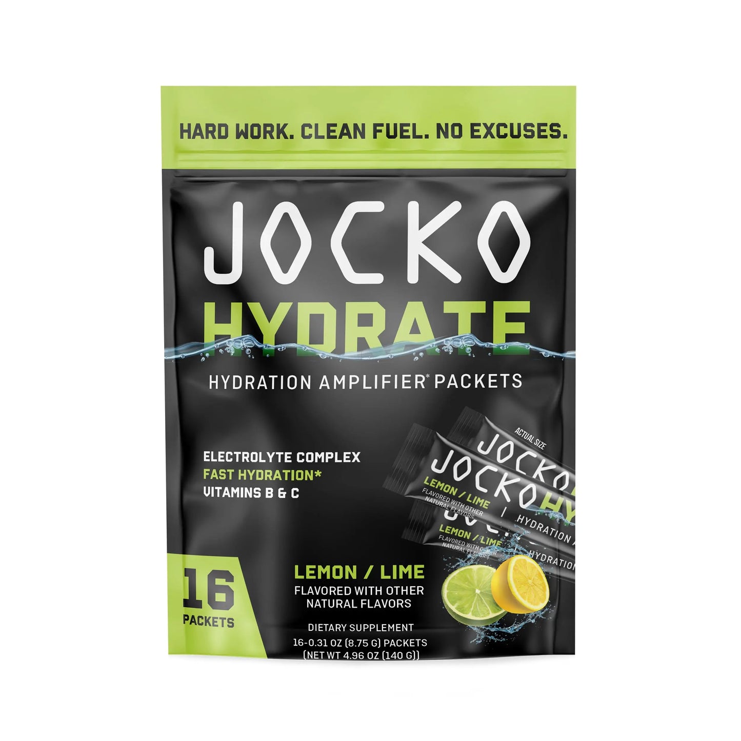 Jocko Fuel Packets Low Sugar - Hydration Amplifier Packets for Recovery, Dehydration, & Exercise - with Vitamins B6, B12 & C (16 Packets) Lemon Lime Jocko Fuel