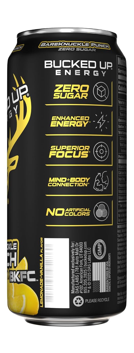 Bucked Up Energy Zero Sugar | 300mg Caffeine Energy Drink with AlphaSize TeaCrine Dynamine and Huperzine A | Zero Sugar Performance Beverage, 12 Pack, 16 fl oz Cans (BKFC Bareknuckle Punch)