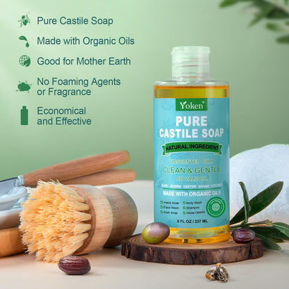 Yoken Pure Castile Liquid Soap 8 Oz Unscented with Organic Oil EWG Verified Yoken