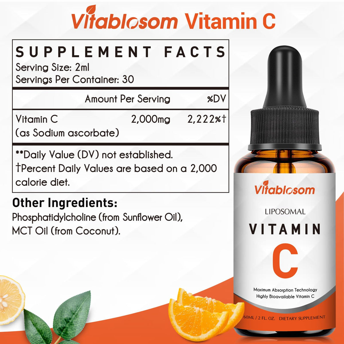 Vitablosom Liposomal Vitamin C 2000mg Liquid for Adults, High Absorption VIT C, Maximize Vitamin C, Immune System & Antioxidant Support, 60ML (2 Bottle) Vitablosom