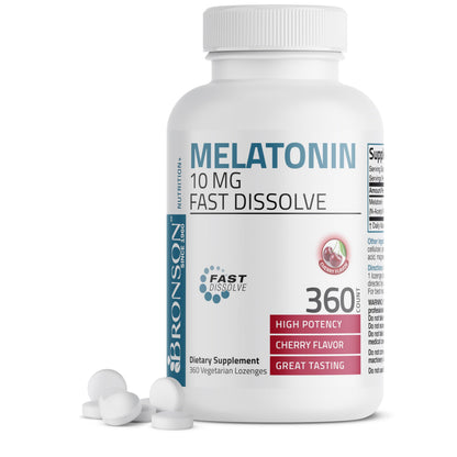 Bronson Melatonin 10mg Fast Dissolve Cherry Flavored Tablets Vegetarian Chewable Lozenges, 360 Count Bronson