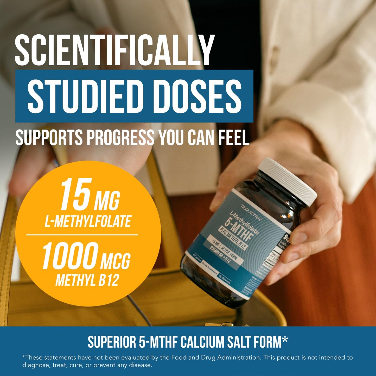 L Methyl Folate 15mg Plus Methyl B12 Cofactor – High Potency, Active 5-MTHF Form - Supports Mood, Methylation, Cognition Triquetra Health