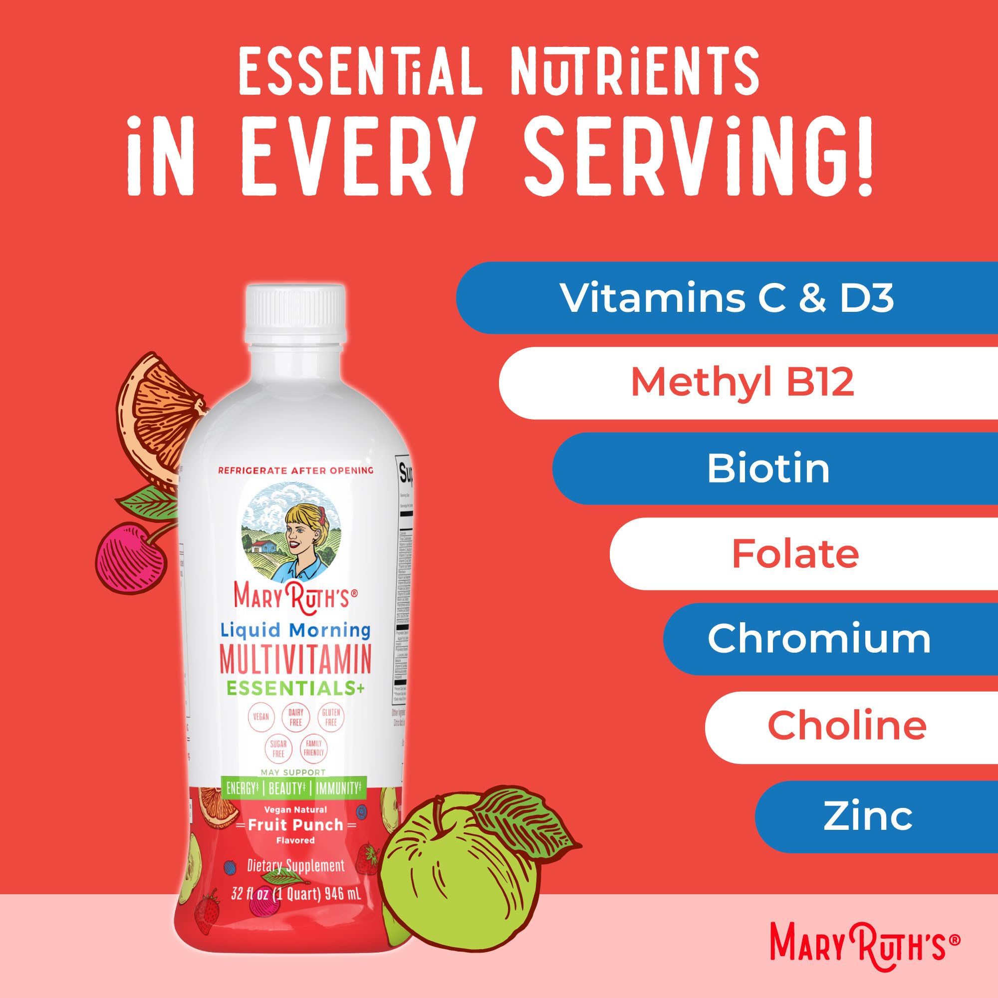 MaryRuth Organics Liquid Morning Multivitamin Essentials+ | Vitamin A C D E B6 B12 Biotin Zinc, Mens Womens Multivitamin, Immune Support, Beauty | Sugar Free | Vitamins for Ages 1+ | Vegan | 32 Fl Oz MARYRUTH'S buy australia supplements