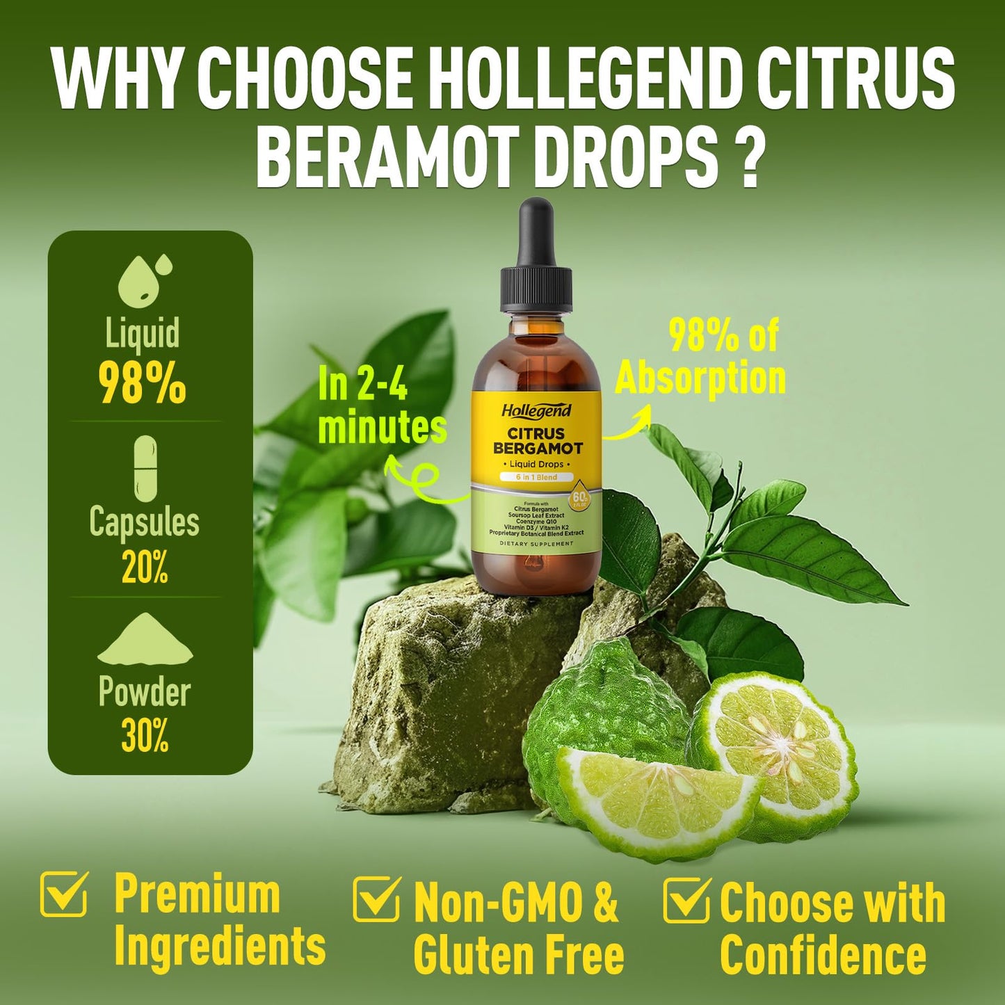 HOLLEGEND Citrus Bergamot Liquid Drops, Organic Citrus Bergamot 1000mg Supplement, Plus Soursop, CoQ10, Vitamin D3, K2, HOLLEGEND