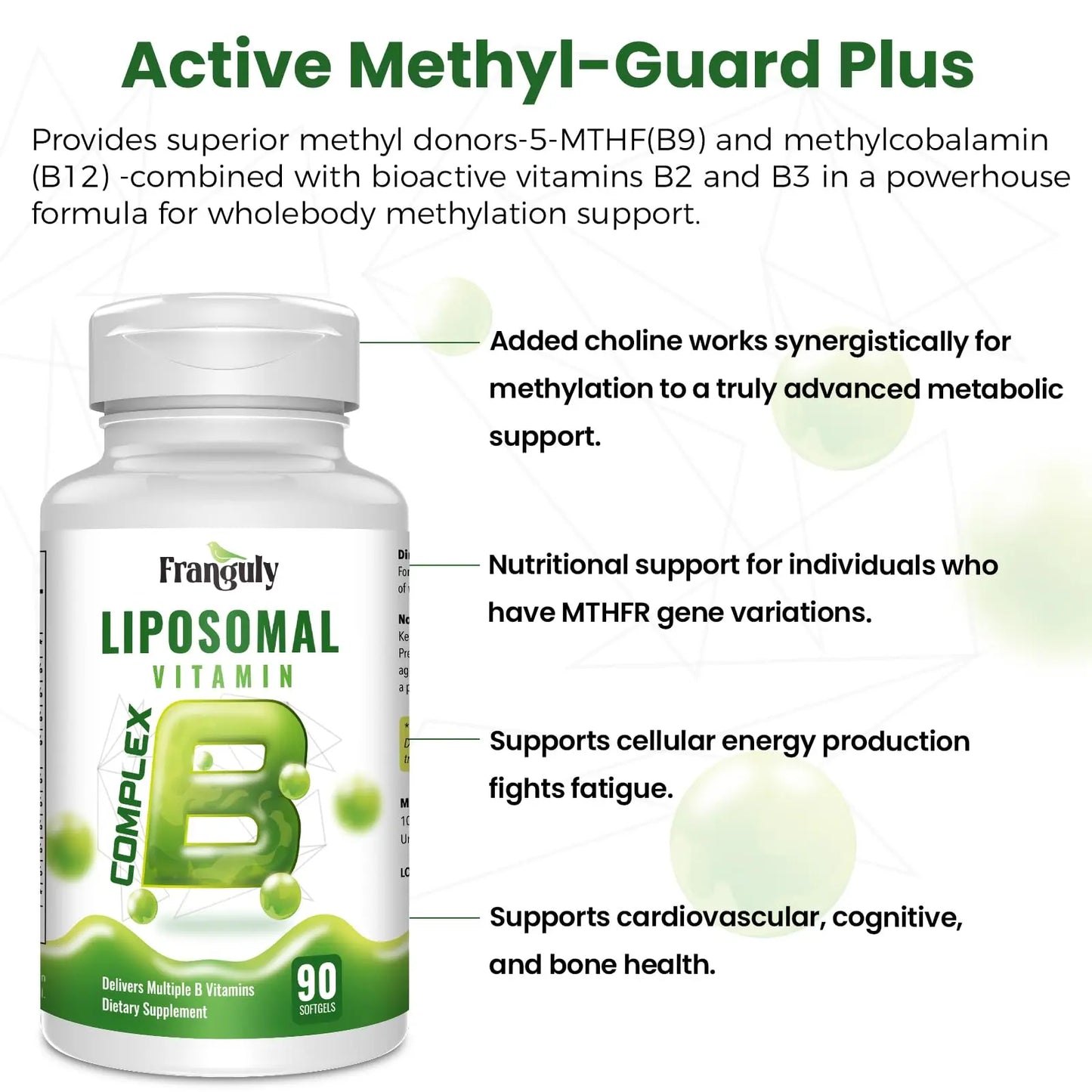 Liposomal B Complex for High Absorption Methylated B12,L-Methyfolate(5-MTHF ),Full Active B Vitamins with Choline Inositol-Energy, Metabolism,Brain & Heart Support Franguly