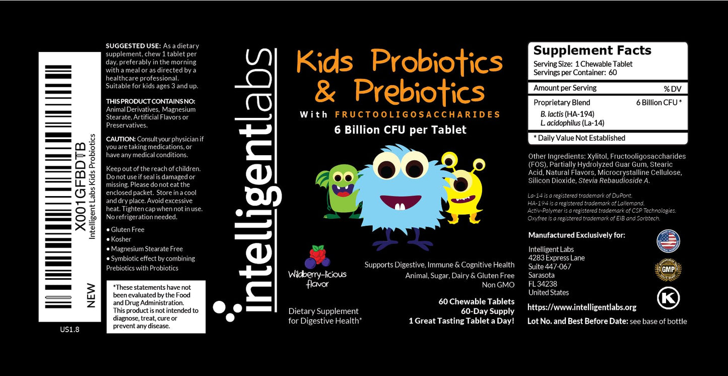 Intelligent Labs Kids/Children Probiotics 6 Billion CFU with Prebiotics, PHGG & FOS, Once-Daily Chewable, Great Taste, 10x Effectiveness Intelligent Labs