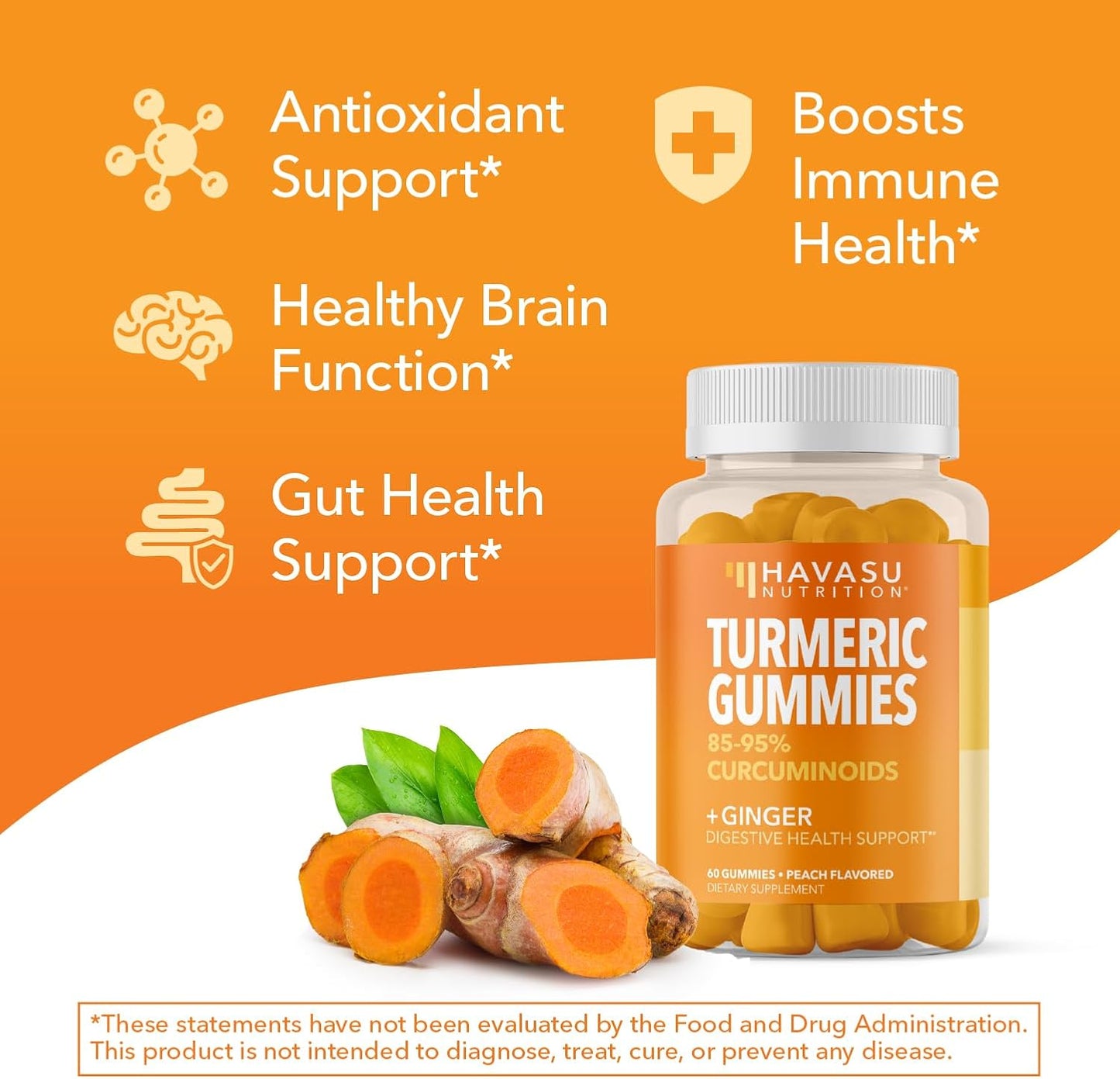 Turmeric Gummies, Peach, 60ct, Digestive & Immune Support for Wellness | Turmeric Gummies with Ginger Root Extract, Digestive Health & Immune Support for Overall Wellness, 1 Month Supply Gsupps Australia
