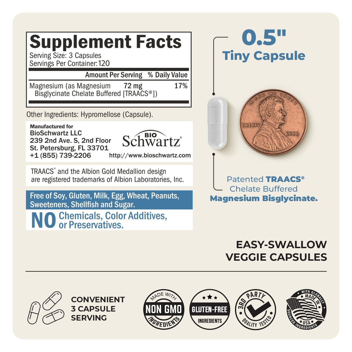Magnesium Bisglycinate Chelated Supplement - High Absorption Magnesium Glycinate Supplement for Women and Men - Sleep, Muscle, Bone & Joint Support BioSchwartz
