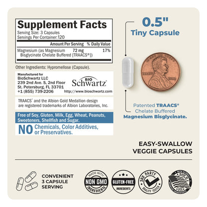 Magnesium Bisglycinate Chelated Supplement - High Absorption Magnesium Glycinate Supplement for Women and Men - Sleep, Muscle, Bone & Joint Support BioSchwartz