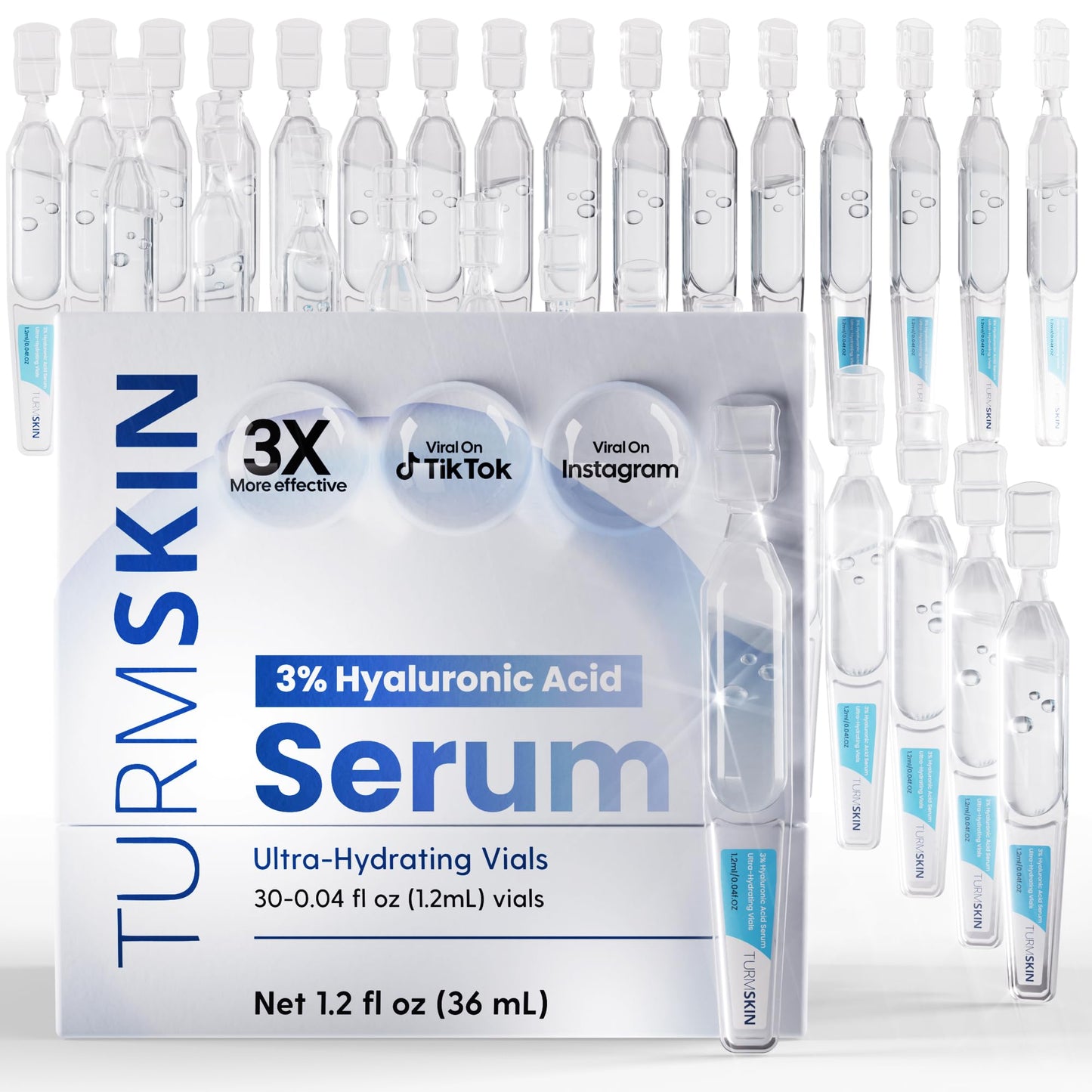 TURMSKIN® Hyaluronic Acid Serum Ampoules [ULTRA HYDRATING VIALS] - 3% Hyaluron Booster for Glass Skin & Anti Aging - 24 Hours Hydration Turmskin