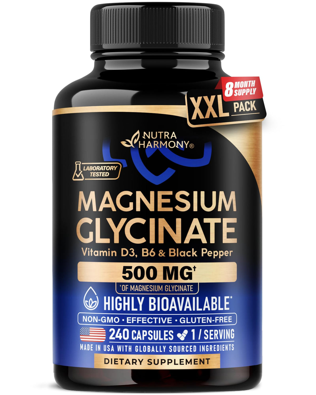 Magnesium Glycinate 500 mg - Chelated Supplement - High Absorption Form of Magnesium - Support for Sleep, Muscle & Heart Health NUTRAHARMONY