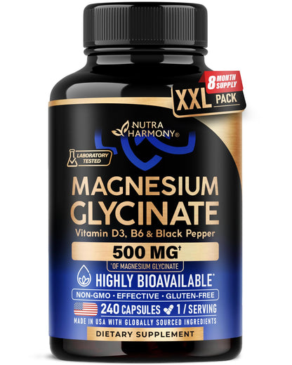 Magnesium Glycinate 500 mg - Chelated Supplement - High Absorption Form of Magnesium - Support for Sleep, Muscle & Heart Health NUTRAHARMONY