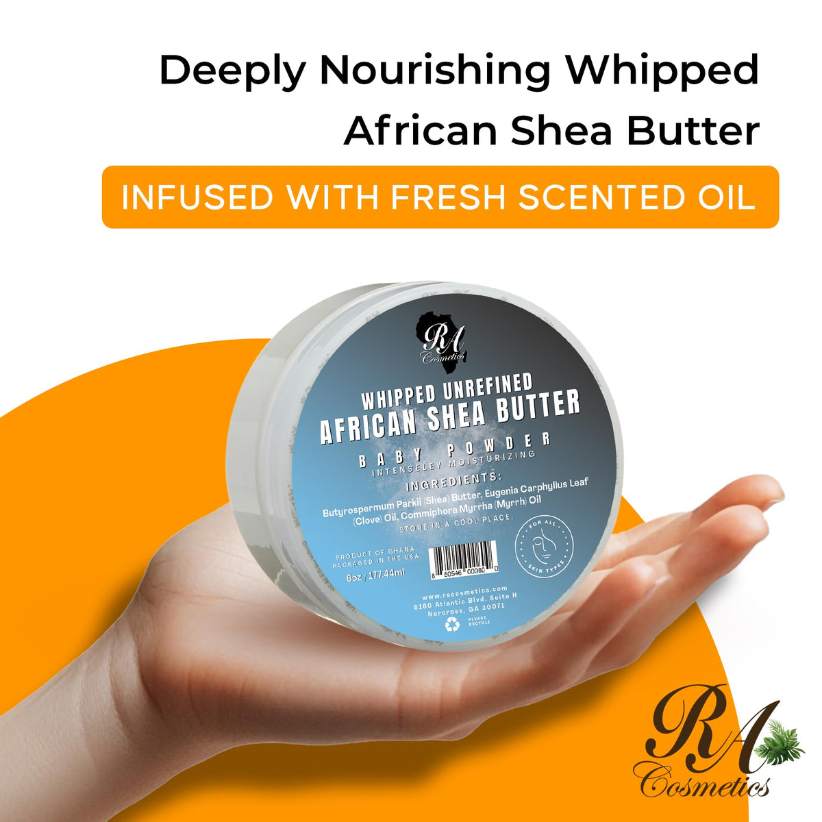 RA Cosmetics Whipped Shea Butter Baby Powder - 6oz | 100% Pure & Natural African Shea Butter for Men & Women - Ultimate Handcrafted Moisturizer with Essential Vitamins for Radiant Skin & Luscious Hair RA COSMETICS
