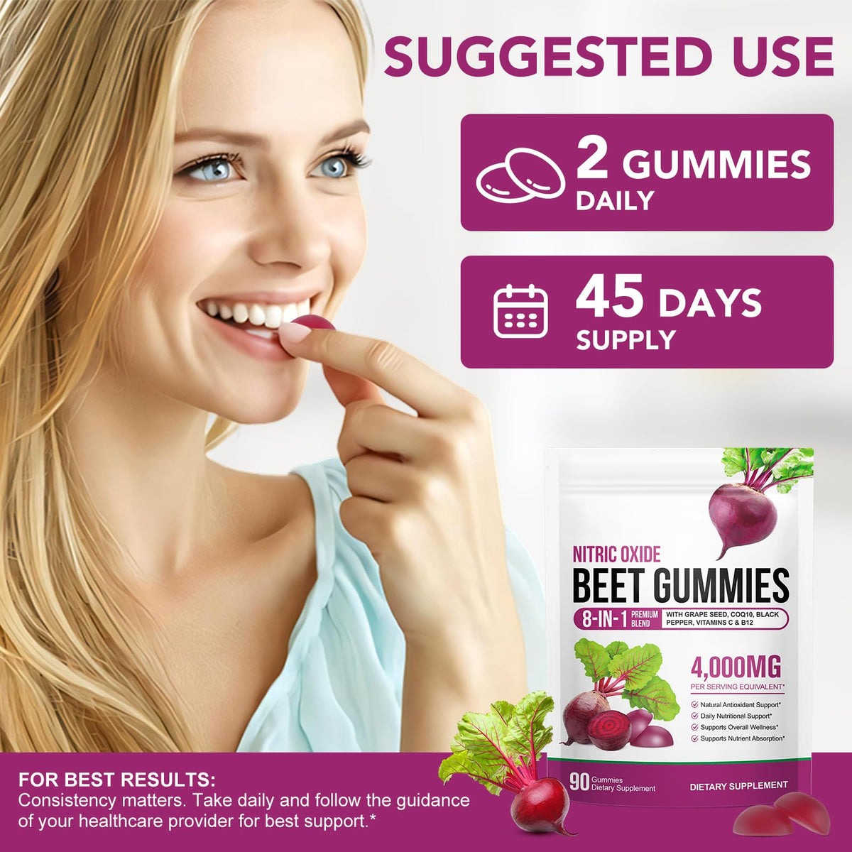 ECHTEYUN Super Beetroot Gummies, 8 in 1 Beet Root 4,000mg with Grape Seed Extract & CoQ10, Sugar Free - 90 Count (1) ECHTEYUN