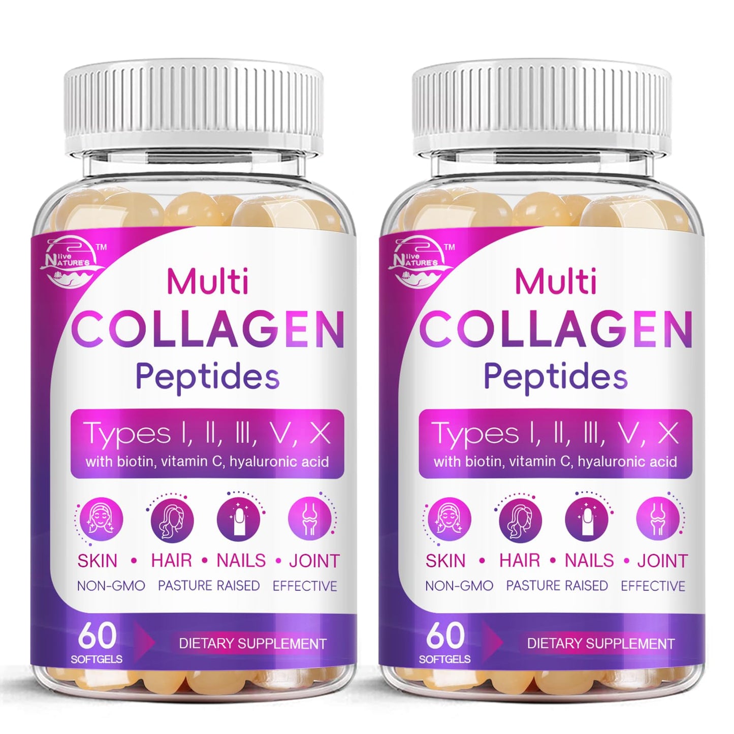 Multi Collagen Peptides Softgel - Type I, II, III, V, X - Hydrolyzed Collagen Peptides with Biotin, Vitamin C, Hyaluronic Acid, Supports Skin Hair Nail Nature's live